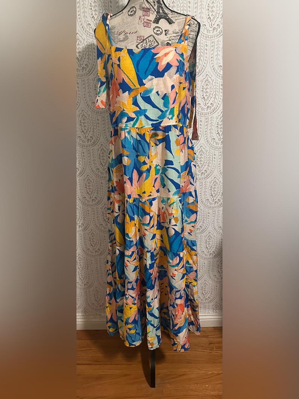 Bright Floral Tiered Maxi Dress in Blue, Yellow & Pink